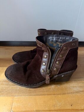 Fly London Brown Suede Ankle Booties with Leather Trim